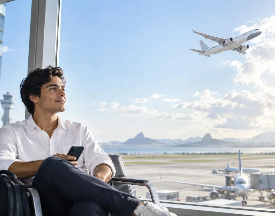 Aluno de aviação estudando enquanto um avião decola